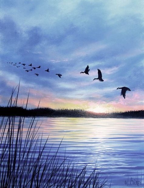 Painting by artist Wilson Bickford Lake Painting, Watercolor Paintings Easy, Watercolor Landscape Paintings, Blue Lake, Sunset Painting, Birds Flying, Pictures To Paint, Watercolor Landscape, Acrylic Art