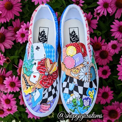 Diy Painted Vans, Alice In Wonderland Shoes, Canvas Shoes Diy, Sharpie Shoes, Hand Painted Vans, Painted Shoes Diy, Painted Canvas Shoes, Painted Vans, Custom Painted Shoes