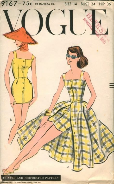 50s Playsuit, 1950s Summer Fashion, Vintage Clothes Patterns, Dress With Shorts, Circular Skirt, Patron Vintage, Vogue Vintage, Vintage Dress Patterns, Fashion 1950s