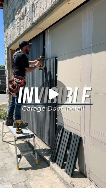 Caleb MacDonald on Instagram: "Invisible Garage Doors!🚪   We took existing garage doors and cladded them with these composite siding panels from @newtechwood creating this stunning invisible garage door.   #invisibledoors #hiddendoor #garagedoors #garagedoor #garagedoorinstallation #siding #designandlive #designandbuild #newmarketontario #newmarketmoms #newmarketrealestate #kingcityrealestate #yorkregionrealestate #auroraontario #auroramoms #kingcityontario #kingcitymoms #yorkregion #yorkregionmoms" Garage Door Privacy Screen, Slatted Garage Door, Inside Of Garage Door Ideas, Garage Door Wall, Garage Door Same Color As House, Garage With Vertical Siding, Garage Door Overhang Ideas, Vertical Garage Doors, Invisible Garage Doors