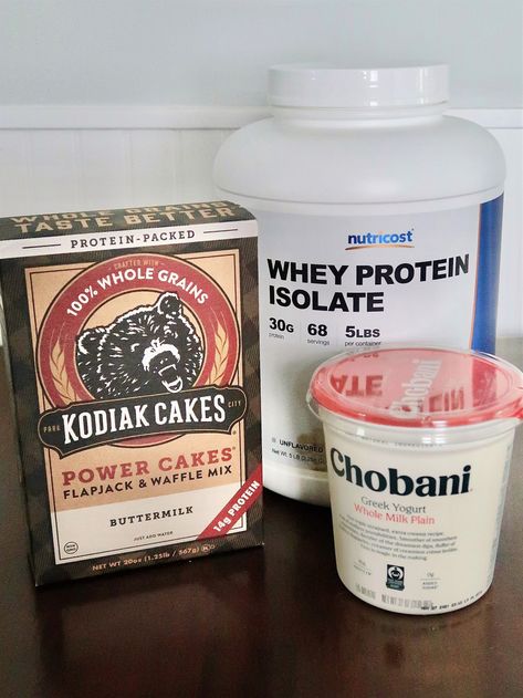 Protein Pancakes With Kodiak Cakes, Protein Waffles Kodiak, Greek Yogurt Kodiak Pancakes, We Kodiak Recipes, Kodiak Carb Conscious Recipes, High Protein Kodiak Waffles, Ww Kodiak Pancake Mix Recipes, Kodak Protein Pancakes Recipe, Kodiak Pancake Mix Recipes With Protein Powder