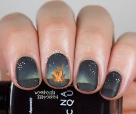 Bonfire nail art, continuous design, campfire, starry night sky Campfire Nails, Bonfire Nails, Summer Time Activities, Firework Nails, Crazy Nail Art, Work Hair, Bonfire Party, Crazy Nails, Bonfire Night