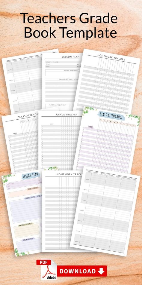 Teachers Grade Book has a simple design and its structure is easy to use. Organize everything from lesson planning to field trips, grading, attendance and more! Download file and get it printed using any printer that you have access to or use it with Xodo, Noteshelf, Notability and Goodnotes for your iPad. #teaching #template #templates #sheet #grade Teacher Grade Book Printable Free, Grade Tracker Printable, Grade Book Printable, Teacher Planning Pages, Free Lesson Planner, Teaching Template, Study Planner Printable Free, Lesson Planner Printable, Grade Book Template