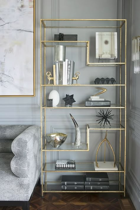 bookcase roundup tall narrow bookshelf interior design Hiasan Bilik Tidur, Gold Furniture, Bookcase Styling, A Living Room, Gold Decor, Book Shelf, Design Living, Design Case, Cheap Home Decor