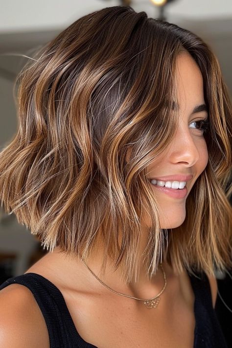 Brown Bob Caramel Highlights, Brown Bob Hair With Highlights, Golden Beige Brown Hair, Fall Hair Colors 2024 Short Hair, Balayage For Medium Brown Hair, Brown Hair With Highlights Bob, Long Bob Highlights, Long Bob Braun, Bob Hair Balayage