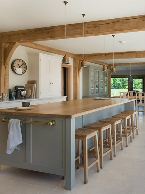 Mixing contemporary elements with classic features is a great way to achieve a modern kitchen space that's steeped in character. These rustic beams ooze personality alongside streamlined fixtures. Click for more beautiful kitchen extension ideas #architecture Image: Border Oak Beam In Kitchen, Blue Kitchen Island, Country Modern Home, Barn Kitchen, Farmhouse Kitchen Island, Farmhouse Kitchen Design, Belek, Kitchen Extension, Interior Modern