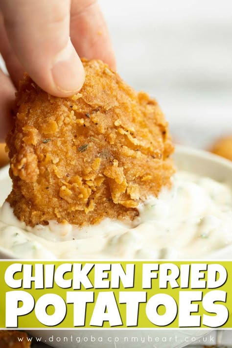 Chicken New Potatoes, Fried Snacks Appetizers, Fried Potatoes Dinner Ideas, Fried Potatoes With Bacon, Shakeys Mojos Recipe Potatoes, Chicken Fried Potatoes, Chicken Fried Potato Wedges, Deep Fried Potato Salad, What To Deep Fry