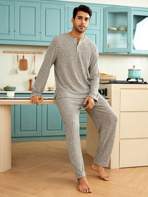 Grey  Collar Long Sleeve  Plain Pajama Sets Embellished Medium Stretch  Men Loungewear Men’s Pajamas Aesthetic, Men’s Pyjamas, Lounge Wear For Men, Men’s Loungewear, Men’s Pajamas, Luxury Pijama, Home Wear Men, Men Pajamas Fashion, Man Pijama