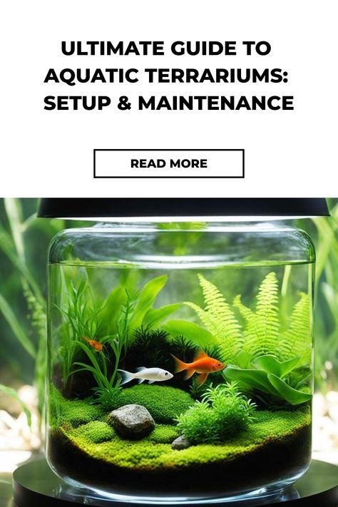 Lush aquatic terrarium with vibrant greenery and colorful fish, accompanied by a 'Read More' button for setup and maintenance tips. Terrarium With Fish, Ecosystem Terrarium, Underwater Ecosystem, Tank Terrarium, Water Terrarium, Tropical Terrariums, Fish Party, Open Terrariums, Fish Tank Terrarium