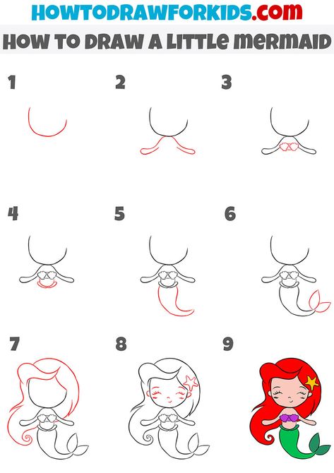 how to draw a little mermaid step by step Mermaid How To Draw, Mermaid Drawing Simple, Easy Disney Drawings Simple Step By Step, How To Draw Cute Things Step By Step, Mermaid Drawings Easy, Easy To Draw Mermaid, Step By Step Drawing Disney, How To Draw Ariel, How To Draw Mermaids Easy