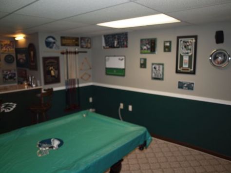 man cave basement | Small Man Cave Ideas | My Eagles Man Cave - Basement Designs ... Philadelphia Eagles Room, Eagles Basement, Eagles Bedroom, Eagles Man Cave, Eagles Man Cave Ideas, Small Man Cave Ideas, Man Cave Ideas Cheap, Basement Man Cave Ideas, Football Themed Room