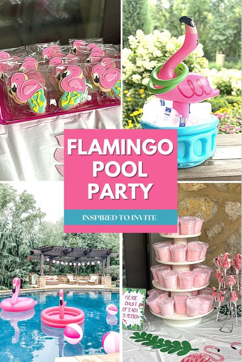 Flamingo Sleepover Party, Diy Flamingo Party Decorations, Pink Flamingo Party Food, Tropical Pool Birthday Party, Tropical Flamingo Party Decorations, Flamingo Themed Party Food, Flamingo 30th Birthday Party, Pink Flamingo Pool Party, Flamingo Party Table Decor