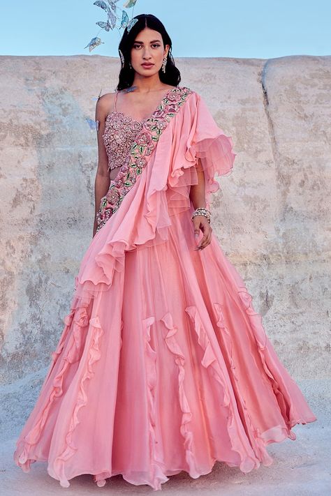 Shop for these amazing collections of Pink Jacquard Hand Embroidered Ruffled And Layered Lehenga Saree Set For Women by Nikita Vishakha online at Aza Fashions. Spaghetti Blouse, Layered Lehenga, Ruffle Lehenga, Ruffle Dupatta, Saree Gowns, Stylish Saree, Draped Saree, Lengha Choli, Ruffle Saree