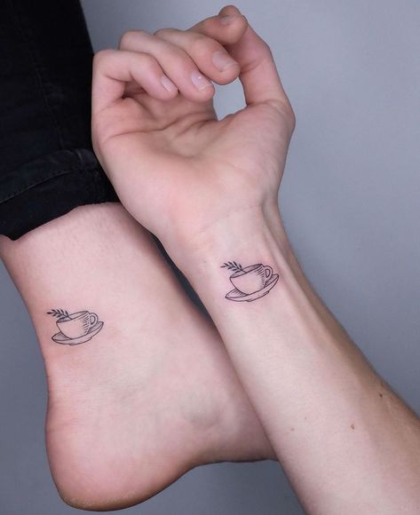 20 Lovely Coffee Tattoos Designs   The Proper Way to Start Your Day Coffee Lover Tattoo Minimalist, Best Friend Tattoos Coffee, Coffee Couple Tattoo, Tea And Coffee Tattoo Matching, Matching Coffee Tattoos For Best Friends, Small Coffee Tattoo, Matching Coffee Cup Tattoos, Cup Of Coffee Tattoo, Barista Tattoo Ideas