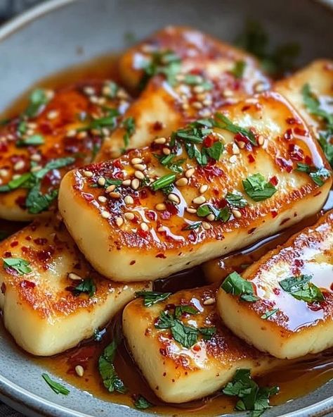 Halloumi Cheese Recipes, Guy Fieri Recipes, Haloumi Cheese, James Martin Recipes, Cheese And Honey, Ina Garten Recipes, Honey Glaze, Cheese Appetizers, Chili Oil