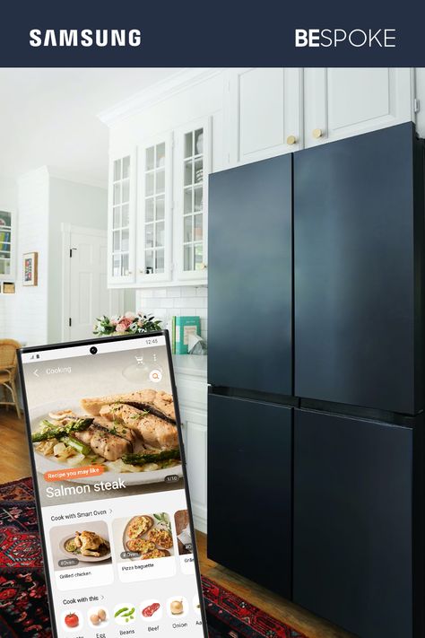 Complement white kitchen cabinets with a pop of color and make your home smarter with SmartThings, which connects you to your appliances and gives you recipe ideas, grocery list and turns your home into a smart home. Mix colors and finishes of the Samsung Bespoke 4-Door Flex Refrigerator to match your favorite interior design style or 2023 kitchen trends. IG Credit: @sunnycirclestudio Bespoke Fridge Kitchen, Samsung Refrigerator Bespoke, Samsung Appliances Kitchens, Samsung Bespoke Fridge Stainless Steel, Samsung Bespoke Kitchen, Samsung Bespoke Fridge, 2023 Kitchen Trends, Kitchen Shaker Cabinets, Samsung Counter Depth Refrigerator