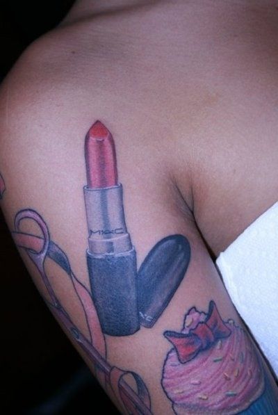 M•A•C Lipstick tattoo Hairstylist Tattoos, Cosmos Tattoo, Lipstick Tattoos, Makeup Things, Hair Powder, Stylist Tattoos, Body Modification, Makeup Tattoos, Girly Tattoos