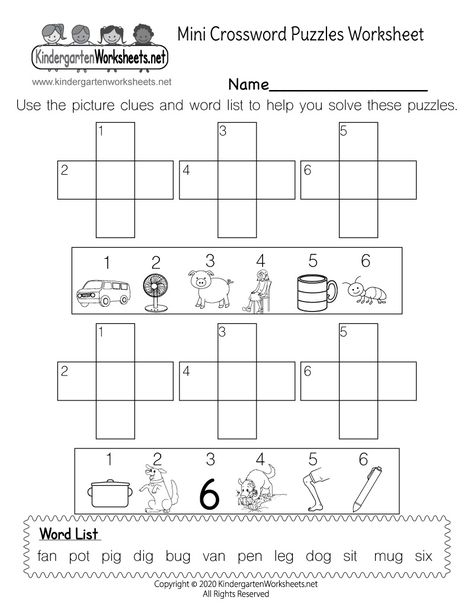 Kids can solve six mini crossword puzzles using picture clues in this free kindergarten worksheet. It is a great way for children to practice spelling three-letter words while building their vocabulary with pictures. 3 Letter Words Puzzle, Kindergarten Crossword Puzzles, Building Words Worksheet, Cvc Puzzles Kindergarten, Kindergarten Puzzle Worksheets, Cross Words Puzzle For Kids, Puzzle Words Worksheets, Cvc Crossword Puzzles, Cross Word Puzzles For Kids