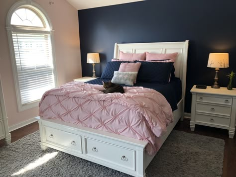 Blush Pink and Navy Master Bedroom Blue And Pink Bedroom, Blush Pink Bedroom, Blush Bedroom, Navy Bedrooms, Navy Blue Bedrooms, Pink Bedroom Decor, Gold Bedroom, Pink Bedrooms, Bedroom Color Schemes