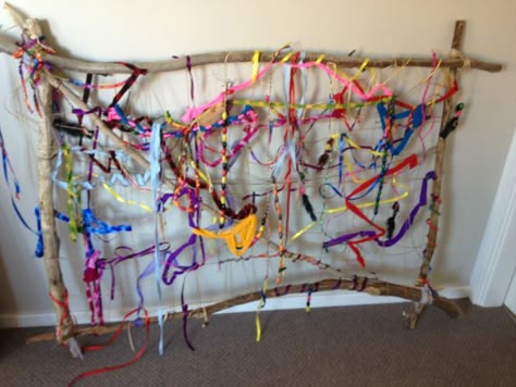 Wonderful weaving, from Kempsey Family Day Care and In Home Care Weaving Eyfs Activities, Weaving Station, Art With Sticks, Group Art Projects, Reggio Inspired Classrooms, Reggio Emilia Inspired, Reggio Classroom, Weaving For Kids, Family Day Care