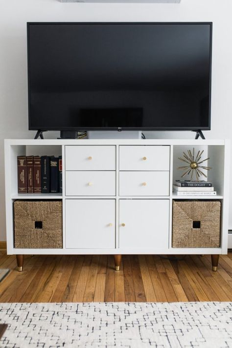 How to Create a Mid Century Modern Console from the IKEA Kallax Ikea Kallax Living Room Tv Stands, Ikea Kallax Tv Console, Ikea Kallax Media Console, Kallax Tv Unit Hack, Kallax Ikea Tv Stand, Kallax Tv Board, Kallax Nightstand, Ikea Kallax Tv Stand, Kallax Tv Unit