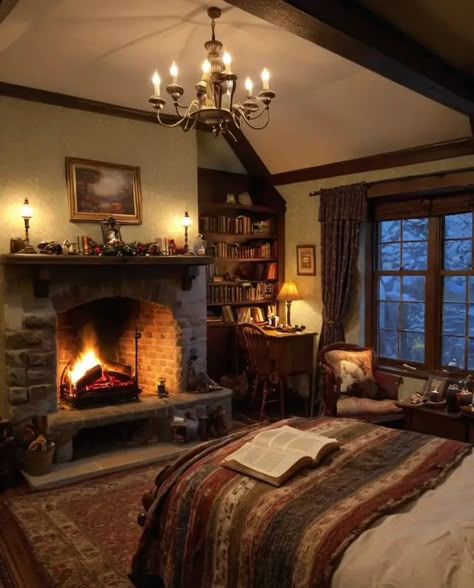 Twilight Home Aesthetic, Cabin Bedroom With Fireplace, Cottage In The Woods Interior, Grey Brown Bedroom, Cozy Cabin Bedrooms, Cozy Cabin Bedroom, Cozy Fall Room, Tiny Home Interior, Cosy Rooms