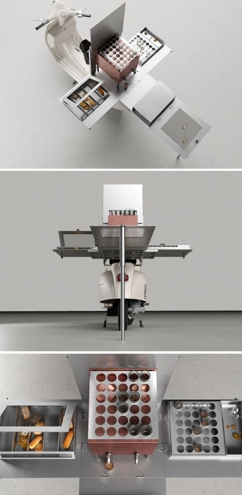 ChaiGaadi is the world’s tiniest tea stall ever made. At just 1.5 sq. ft, the foldable tea stall fits right on the back of a Vespa, allowing the tea vendor to easily set up shop anywhere and sell tea along with select confectionery and snacks. Everything fits right into a 1.5 sq. ft. box that’s mounted on the back of a Vespa. KNOW MORE NOW! Coffee Box Design, Tea Stall Design, Vespa Bar, Vespa Shop, Tea Stall, Vendor Cart, Chicago Deep Dish, Coffee Food Truck, Bike Food