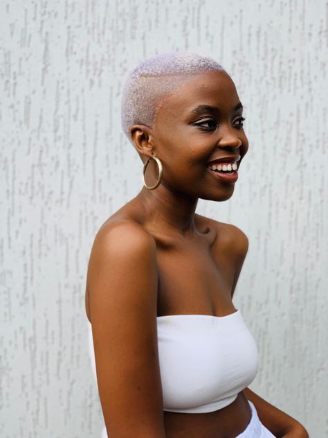 Darkskinned woman| short hair| bleached short hair | brown skin Bleached Short Hair Black Women, Gold Dress Black Woman, Bleached Short Hair, Black Woman Blonde Hair, Short Hair Brown, Shaved Hairstyles, Short Afro Hairstyles, Short Natural Haircuts, Short White Hair