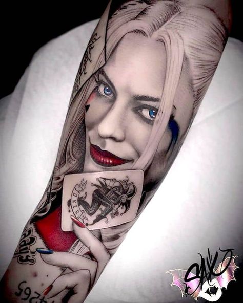 Badass Tattoos For Women, Joker And Harley Tattoo, Harley Tattoos, Joker Tattoo Design, Harley Quinn Tattoo, Catrina Tattoo, Girl Face Tattoo, Joker Tattoo, Hand Tattoos For Guys