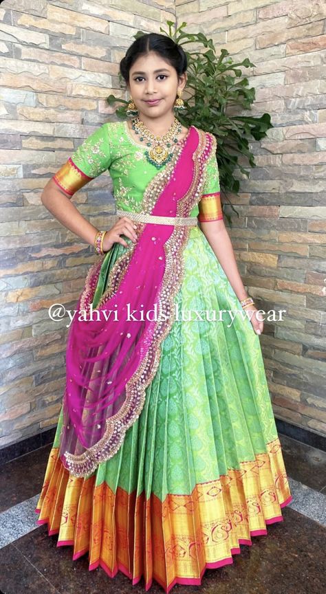 Half Saree Lehenga For Kids, Half Saree For Kids, Half Saree Function Kids, Pattu Half Saree Designs, Ladies Frock Design, Smiley Birthday, Pink Half Sarees, Designer Choli, Silk Half Saree