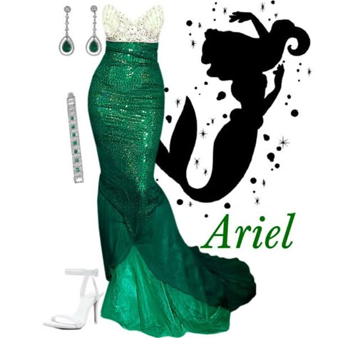 Ariel, created by alyssa-eatinger on Polyvore Little Mermaid Inspired Dress, Ariel Green Dress, Ariel Cosplay Dress, Little Mermaid Cosplay Dress, Ariels Blue Dress, Ariel Blue Dress Disneybound, Disney Prom, Ariel Dress, Disney Dress