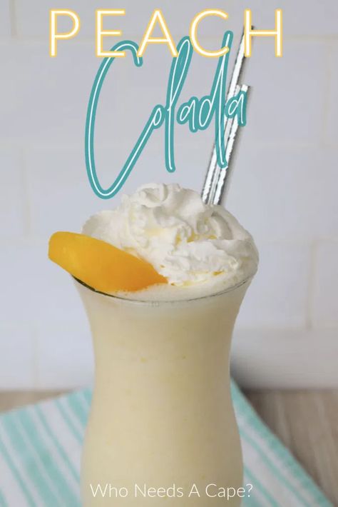 Peach Colada Cocktail - Who Needs A Cape? Peach Colada Recipe, Peach Milkshake, Malibu Rum Drinks, Party Beverages, Tasty Peach, Peach Vodka, Booze Drink, Peach Cocktail, Peach Drinks