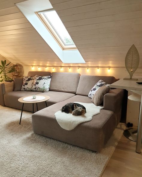 Scandinavian Lights Living Room, Loft Inspiration Cozy, Living Room Designs Slanted Ceiling, Sloped Room Ideas, Roof Slope Ideas, Sloping Wall Ideas Living Room, Slanted Ceiling Design Living Room, Roof Room Ideas Bedrooms, Sloped Roof Interior