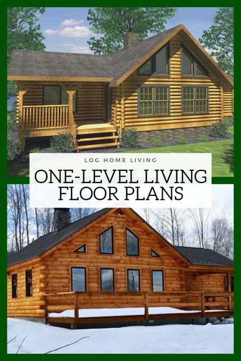 Explore our collection of one-level floor plans that are perfect for a #retirement cabin or #forever home. With many #ranch style layouts, these log home floor plans make #aging in place easy. #floorplans #loghome #cabins #rustic #homebuilding Open Cabin Floor Plans, Ranch Style Log Home Floor Plans, Ranch Log Cabin Homes, Ranch Style Cabin Plans, Single Story Cabin Floor Plans, Ranch Style Log Homes, Log Cabin Plans One Story, 1 Story Cabin Floor Plans, Log Home Plans One Story