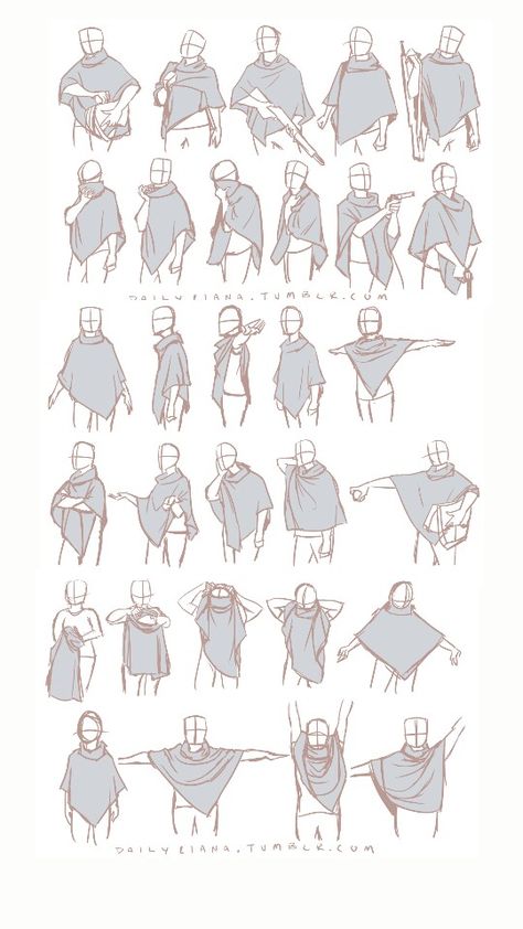 Types Of Cloaks Drawing, Hooded Cape Drawing Reference, Cloak Drawing Refrences, Poncho Art Reference, Bandana Drawing Reference Neck, Torn Clothing Reference, Cape In Wind Reference, Cape Physics Drawing, Cloak Hood Reference Drawing