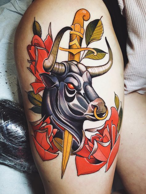 Neotraditional Bull Tattoo, Neo Traditional Taurus Tattoo, Neo Traditional Bull Tattoo, American Traditional Bull Tattoo, Angry Bull Tattoo, Traditional Bull Tattoo, Dark Animals, Taurus Bull Tattoos, Hairline Tattoos