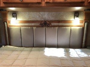 RV Project: Headboard – M&M Hit The Road Rv Bedroom Headboard Ideas, Rv Headboard Ideas, Rv Headboard, Window Headboard, Rv Interior Remodel, Living In Arizona, Headboard Ideas, Leather Headboard, Diy Headboards