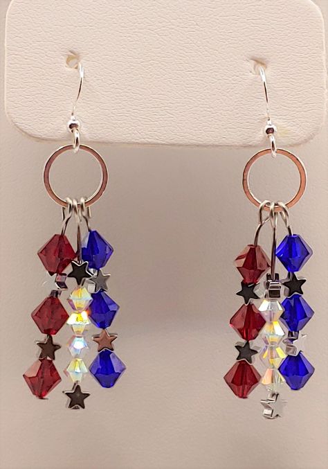 Red and Blue Bicone Austrian Crystals White Bicone AB (extra shine) Austrian Crystals Hematine Star beads Sterling Silver plated Earwires Unique Earrings Making, Red White And Blue Earrings Diy, Patriotic Earrings Diy, 4th Of July Earrings Diy, Trendy Jewelry Ideas, Beaded Ornaments Diy, Crystals White, Diy Earrings Easy, Patriotic Earrings