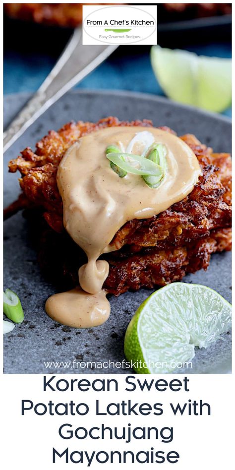 Korean Sweet Potato Latkes are a spicy, crispy and delicious vegetarian main or side dish!  The Gochujang Mayonnaise is the perfect accompaniment! #sweetpotato #sweetpotatorecipes #korean #koreanrecipes #gochujang Easy Korean Dishes To Make, Sweet Potato Jeon, Korean Recipe Vegetarian, Sweet Potato Noodle Recipes Korean, Vegetarian Gochujang Recipe, Gochujang Sweet Potato, Sweet Potato Asian Recipes, Korean Yam Recipes, Bulgogi Side Dishes