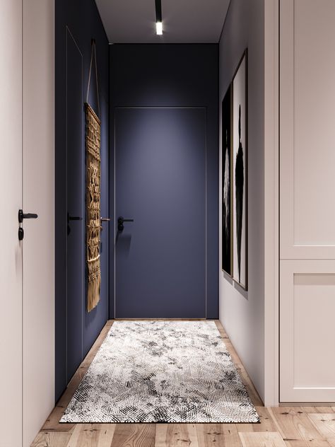 Dark Blue Entrance Hall, Blue Corridor Interior Design, Scandinavian Corridor, Nordic Style Interior Design, Hallway Wall Colors, Blue Hallway, Materials Board Interior Design, Chisinau Moldova, Nordic Interior Design