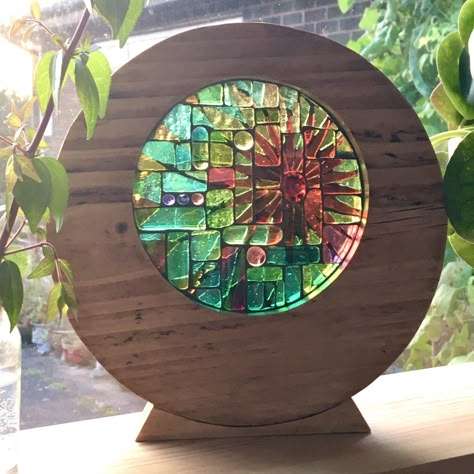 Stained Glass In Wood, Glass On Glass Mosaic Ideas, Stained Glass Mosaic Window, Mosaic Window, Stained Glass Pieces, Wood Carving Art Sculpture, Diy Stained Glass Window, Hanging Stained Glass, Seashell Wall Art