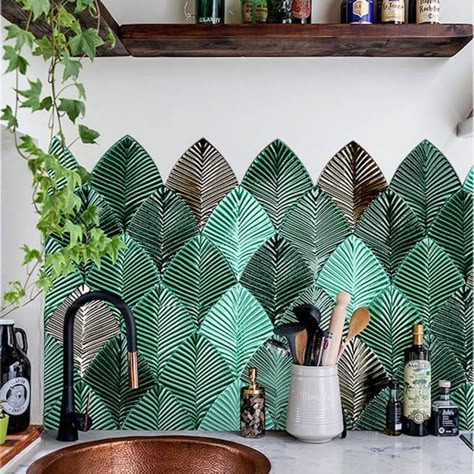 Kitchen Wall Mosaic, Green Leaf Tile, Fish Scale Tile Kitchen, Tiled Cabinet, Mosaic In Bathroom, Fish Scale Backsplash, Kitchen Mosaic Backsplash, Mosaic Tiles Kitchen Backsplash, Mosaic Tiles Kitchen