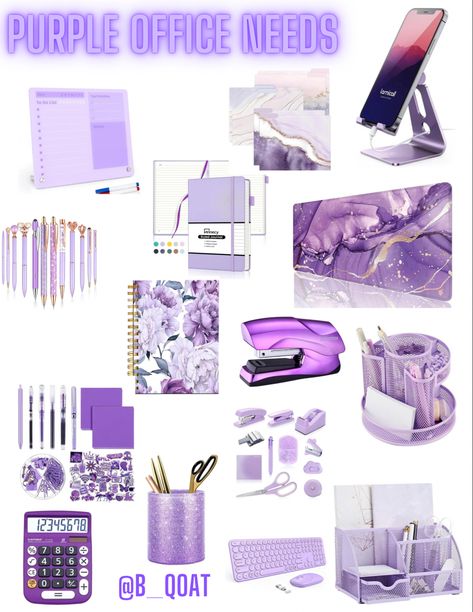 Purple Home Office Decor, Purple And Grey Office Ideas, Pink And Purple Office Aesthetic, Purple Cubicle Decor Ideas, Black And Purple Office, Purple Office Decor Ideas Work Spaces, Lavender Office Decor, Office Decor Purple, Purple Desk Decor