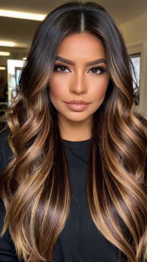 Hair Coloring For Dark Hair, Long Hairstyles Highlights, Balayage On Brown Girl, Thick Blonde Highlights On Dark Hair, Hair Color Ideas For Brunettes Hilights, Honey Brown Hair Balayage, Browns Highlight, Hair Color 2024 Trends Women, Balayage Hair Brown