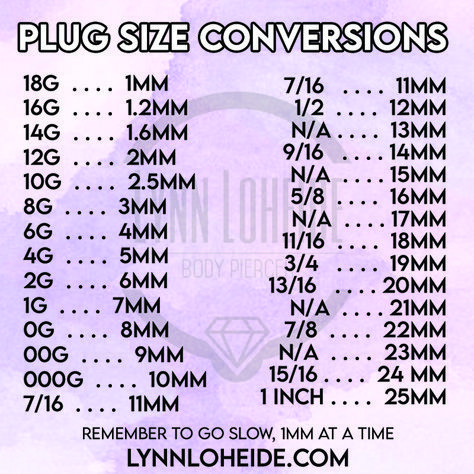 Plug to mm conversion for stretching your ears! Make sure you dont skip sizes and stretch safely. Ear Gauge Sizes Chart, Ear Stretching Sizes, Plug Earrings Gauges, Gauges Size Chart, Ear Stretching, Learning Patience, Piercing Jewellery, Piercing Aftercare, Body Modification