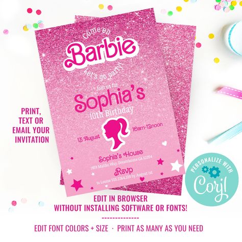 Barbie Invitation Template Free Printable, Barbie Birthday Invitations, Barbie Invitations, Slumber Party Invitations, 10th Birthday Invitation, Girl Superhero Party, Free Barbie, Girls Party Invitations, Barbie Birthday Party