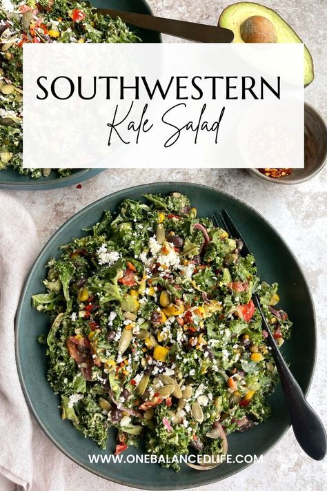 This Southwestern Kale Salad is packed with flavor and makes for a delicious kale salad! Perfect to top with your favorite protein for a balanced meal. Southwestern Kale Salad, Mexican Kale Salad Recipes, Warm Kale Salad, Avocado Cilantro Dressing, Meatless Meals Healthy, A Balanced Meal, Crunchy Chickpeas, Mexican Salads, Cilantro Dressing