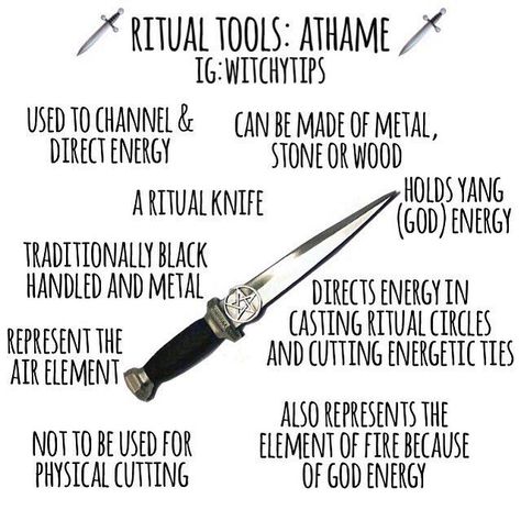 The athame is essential a fancy ritual knife used in witchcraft to direct energy (like casting a circle), cut doors and energetic ties. It… Witchytips Instagram, Athame Knife, Casting A Circle, Break Up Spell, Magic Tools, Witch Things, Witch Tools, Wiccan Magic, Grimoire Book