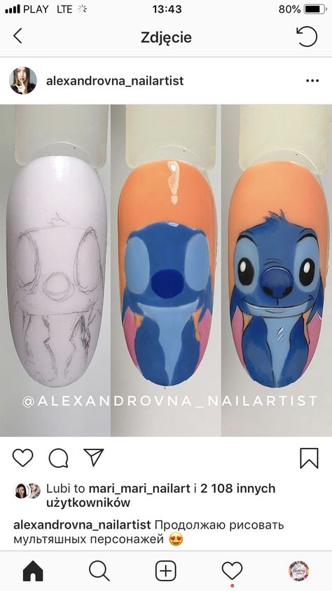 Stitch Nails Step By Step, Nail Art Stitch, Character Nail Art Step By Step, Nail Art Dessin, Sea Nail Art, Cartoon Nail Designs, Animal Nail Designs, Character Nails, Nail Tutorial Videos