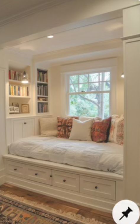 Bench And Bookshelf Nook, Bookshelf Wall With Window Seat, Built In Shelves Window, Window Seat Pull Out Bed, Bed In Window Nook, Built In Bed With Bookshelves, Built In Day Bed Window Seat, Beds In Nooks, Bonus Room Library